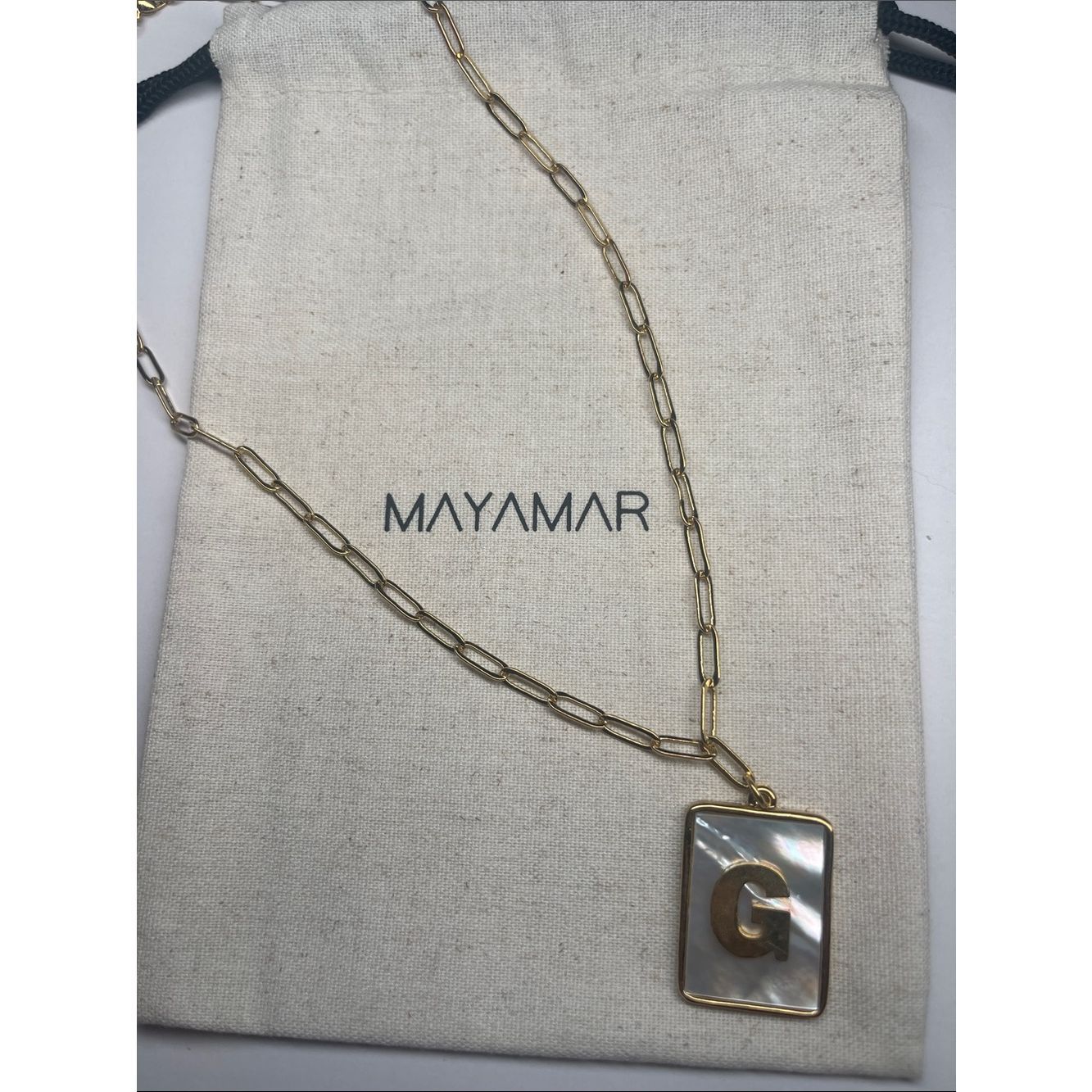 Gold G Rectangle Pendant Paperclip Necklace With Mother-Of-Pearl By Mayamar